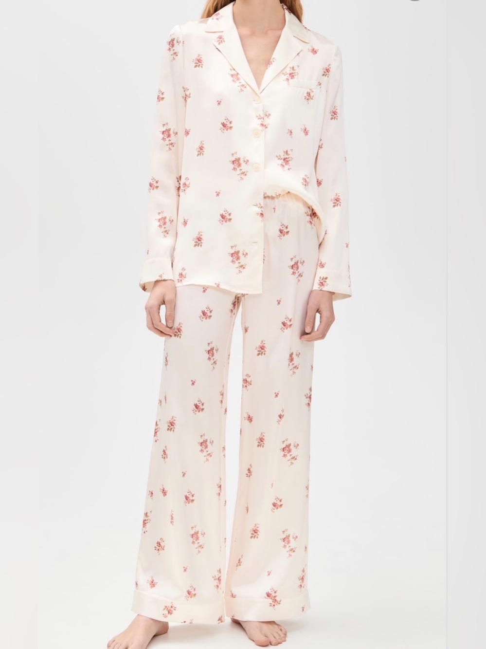 Reformation Ella Silk Pajama Set in Cream with Rose Print